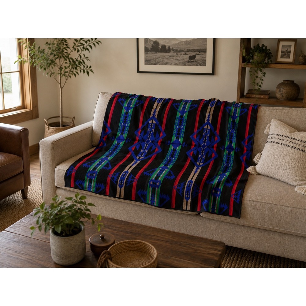 Pendleton Beaver State Wool Blanket Robe Shawl Blue Black Large Good Geometric